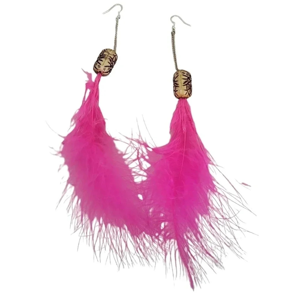 Fuchsia Bead Carved Pink Feather Duster Chain Earrings